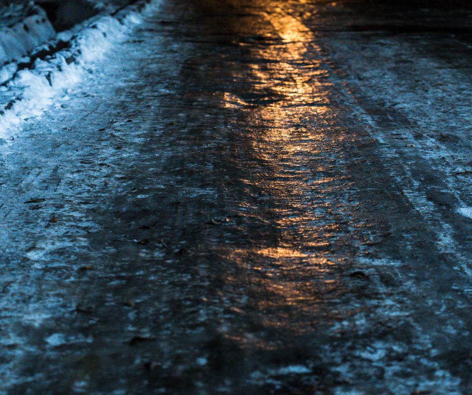 icy road night light winter